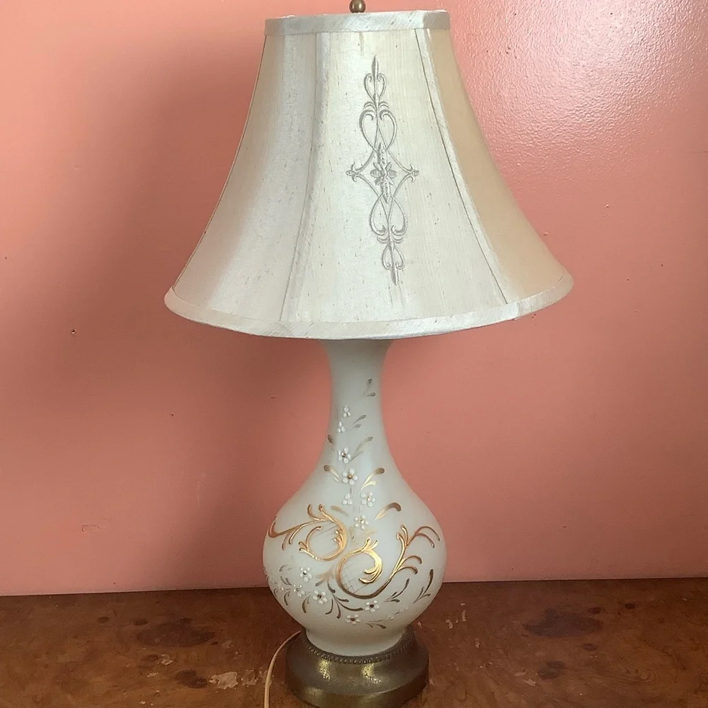Vintage Bristol Milk Glass 25” Lamp Gold Floral Scrollwork, Modern Fabric Shade
